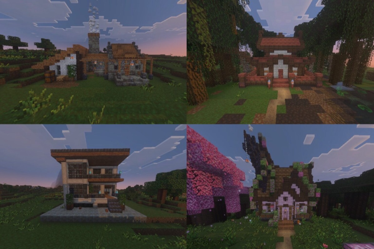 コミュニティの Minecraft ハウス4軒のコラージュ